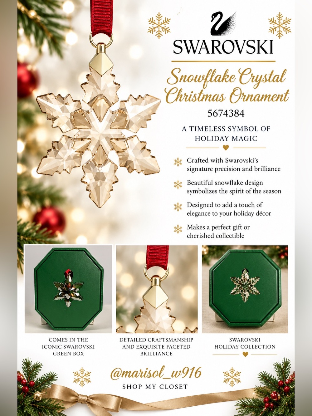 Swarovski Gold-Tone Crystal Snowflake Ornament with Red Ribbon